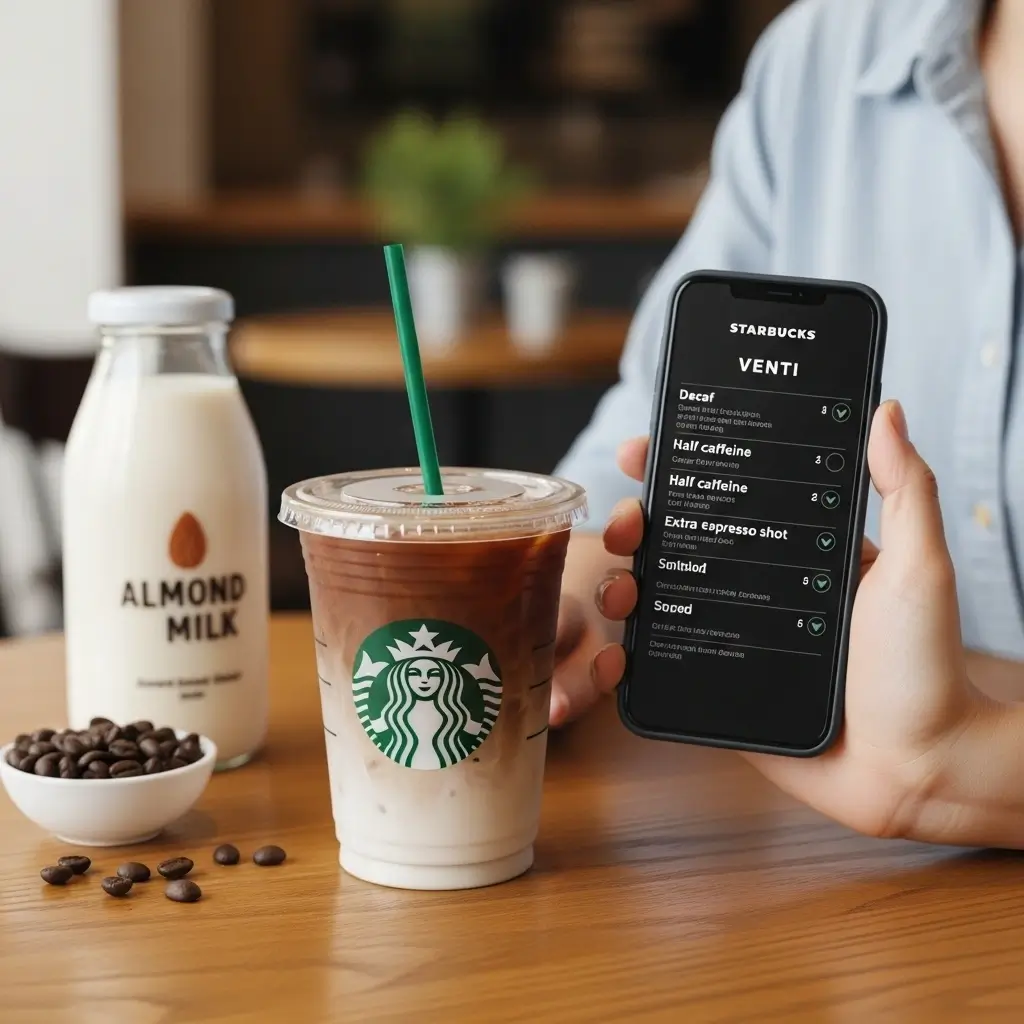 Starbucks Venti iced coffee with customization options displayed on a phone, coffee beans and almond milk on table