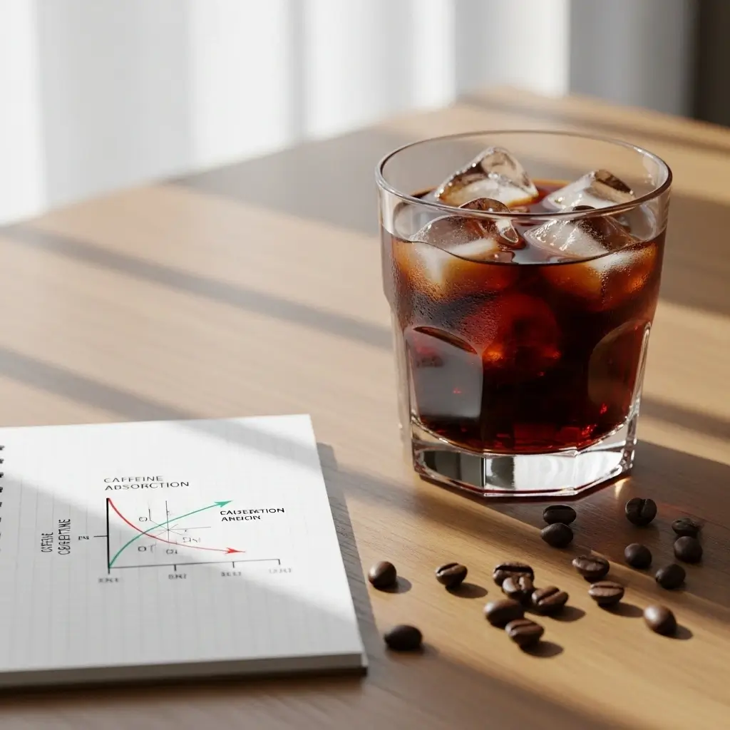 Iced coffee glass with ice and a scientific notebook showing caffeine absorption diagram on wooden table