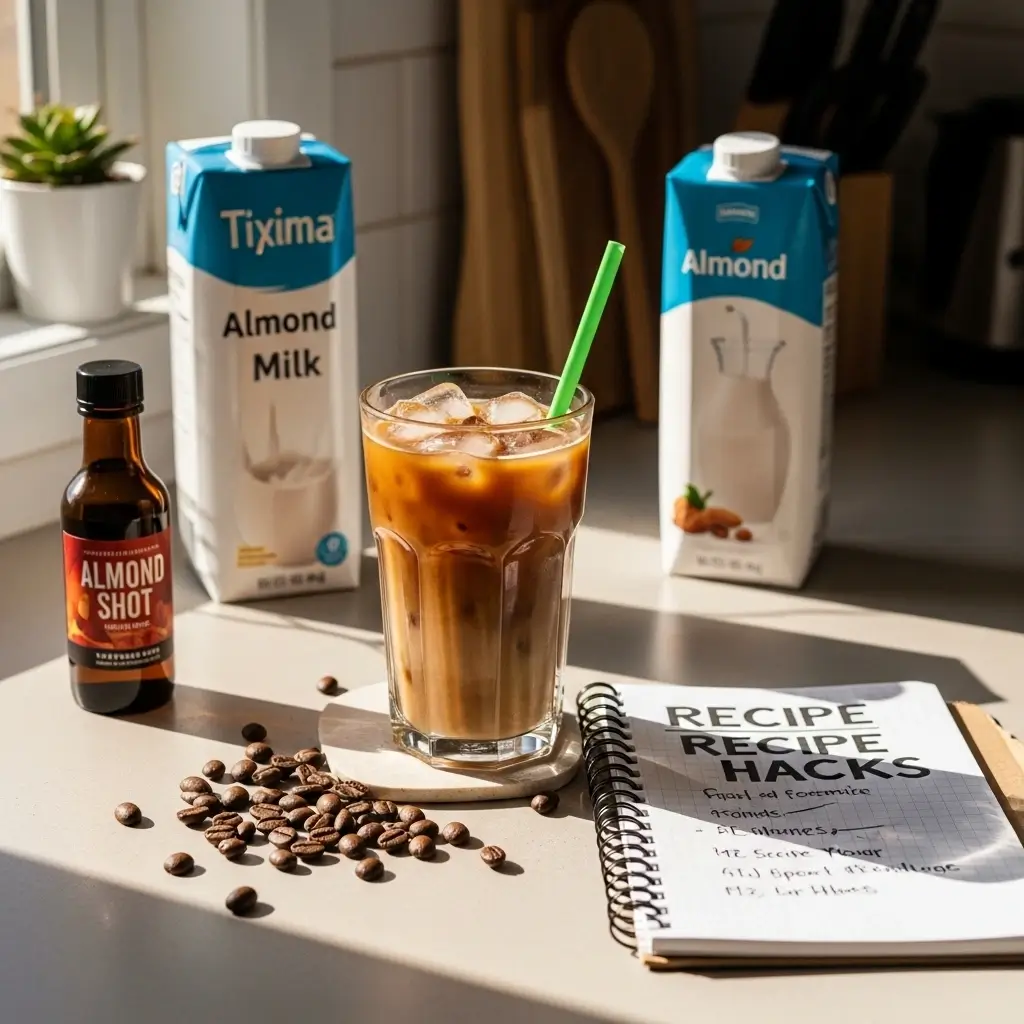 Venti iced coffee glass with recipe notes and coffee ingredients on a sunny kitchen counter