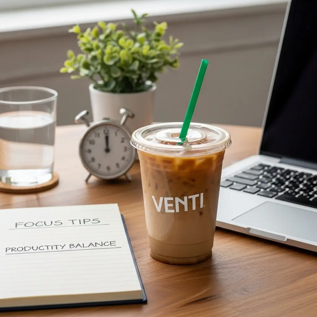 Venti iced coffee on desk with laptop, notepad, timer, and glass of water for focus and productivity