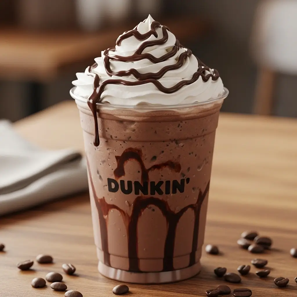 Dunkin’ Mocha iced coffee with Dunkin’ logo, whipped cream, and chocolate drizzle on wooden table with coffee beans