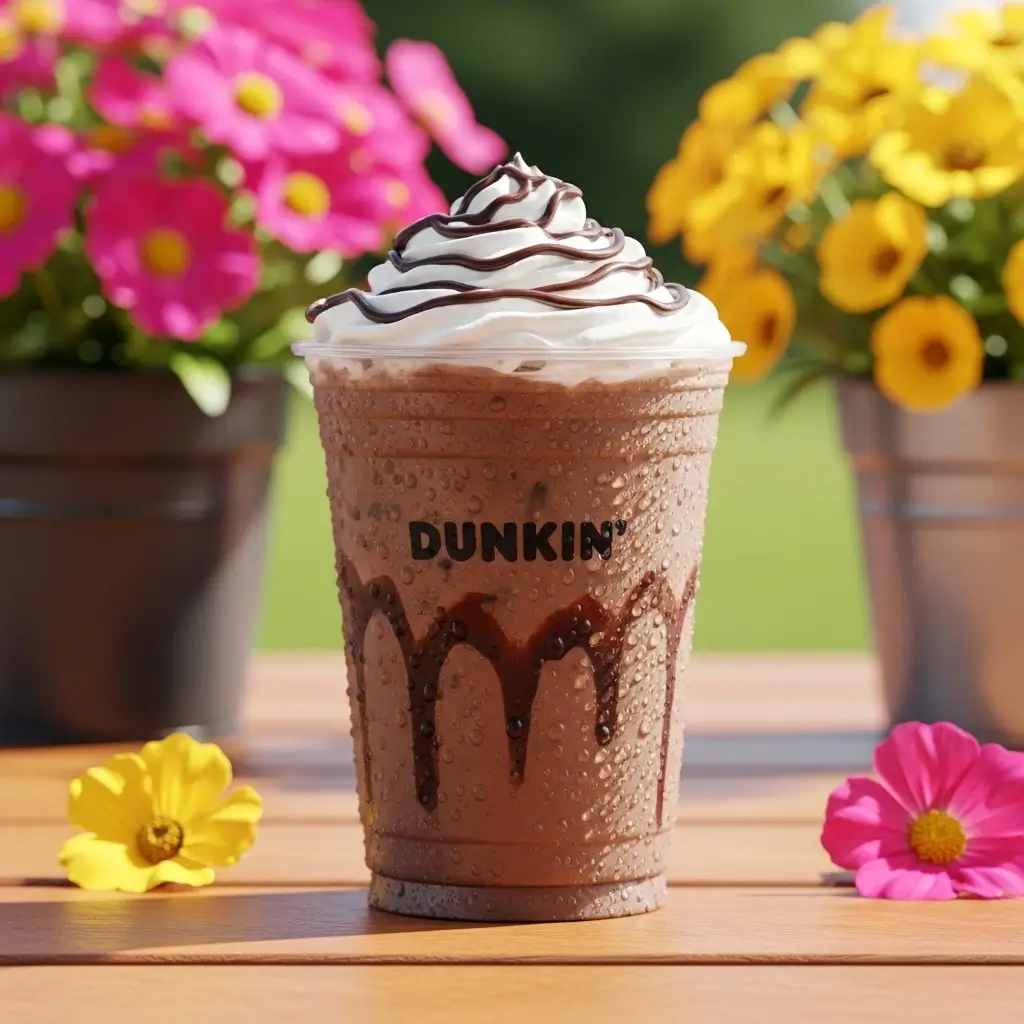 Dunkin’ Mocha iced coffee with Dunkin’ logo on picnic table with summer flowers and sunlight