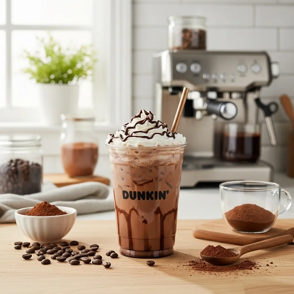 DIY Dunkin’ Mocha iced coffee with Dunkin’ logo on kitchen counter with coffee beans and espresso machine