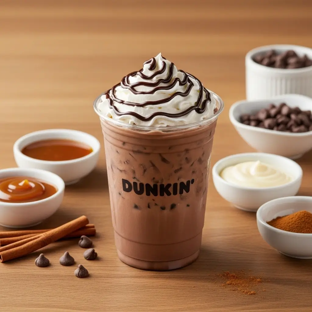 Dunkin’ Mocha iced coffee with Dunkin’ logo and customization toppings on wooden table