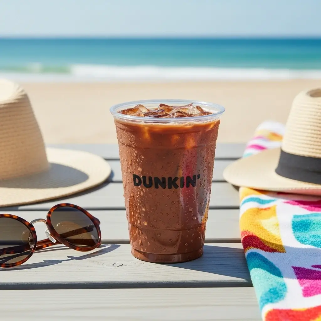 Dunkin’ Mocha iced coffee with Dunkin’ logo on beach picnic table with sunglasses and sunhat