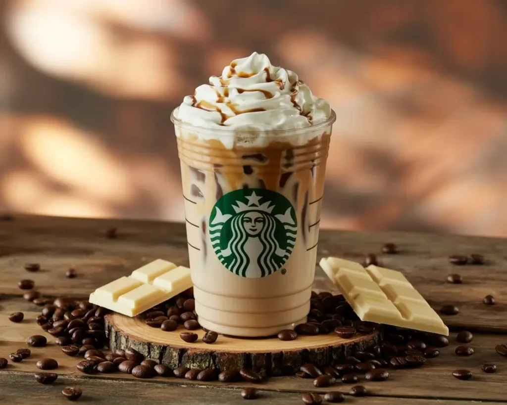 Starbucks iced white chocolate mocha with whipped cream and drizzle on rustic wooden table