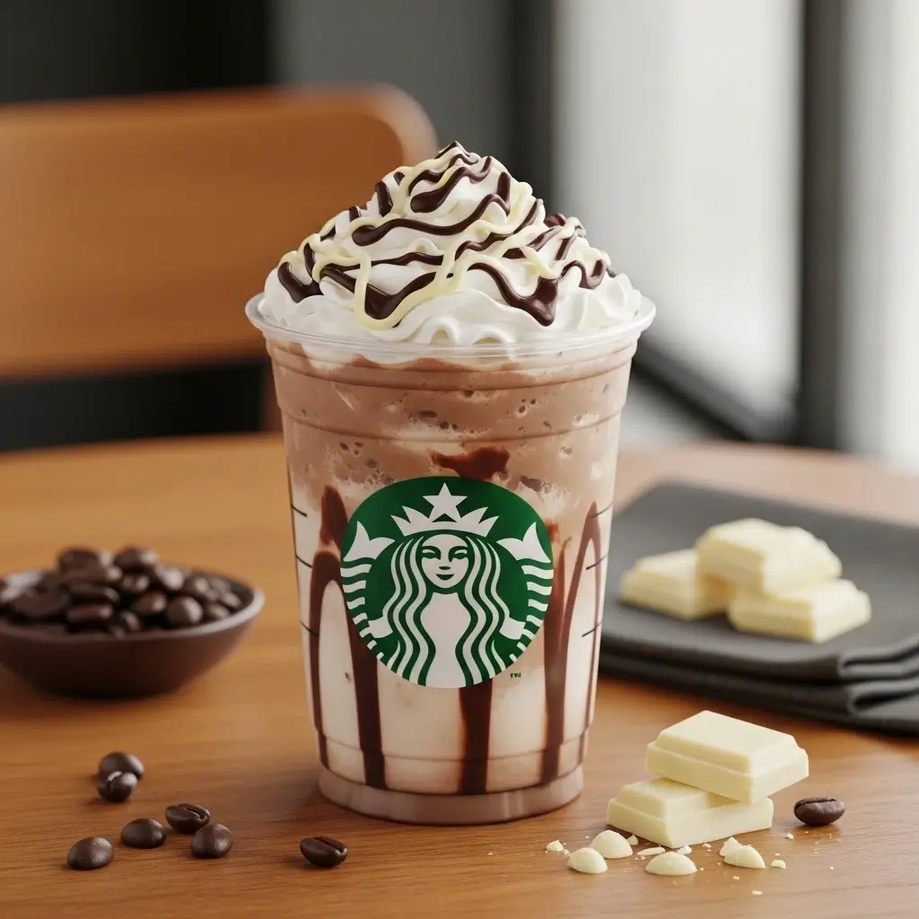 Starbucks iced white chocolate mocha with whipped cream and white chocolate drizzle on wooden table