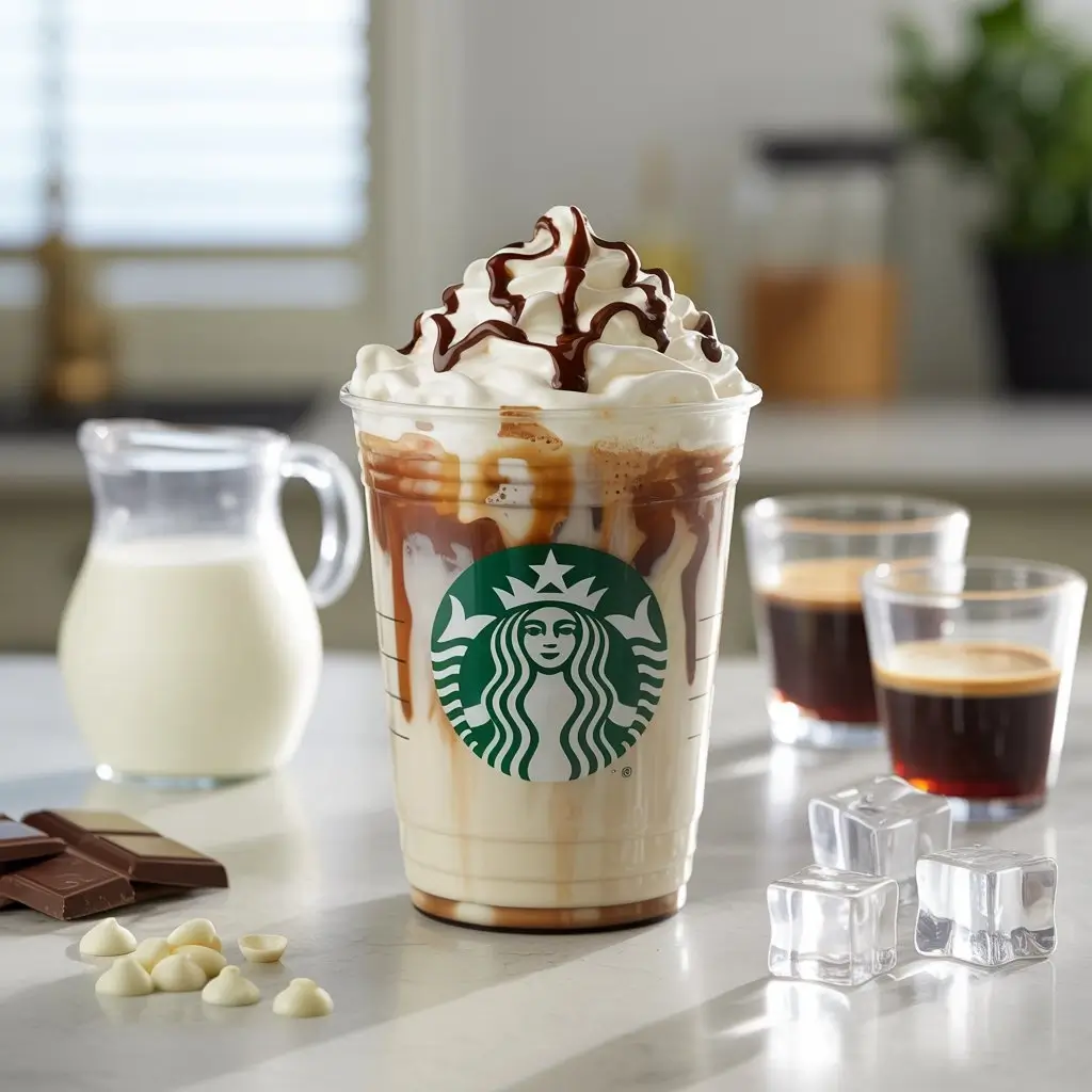 Starbucks iced white chocolate mocha with ingredients on kitchen counter, step-by-step guide