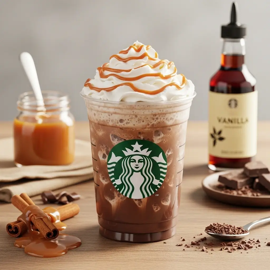 Starbucks iced white chocolate mocha with whipped cream and various customization toppings on wooden table
