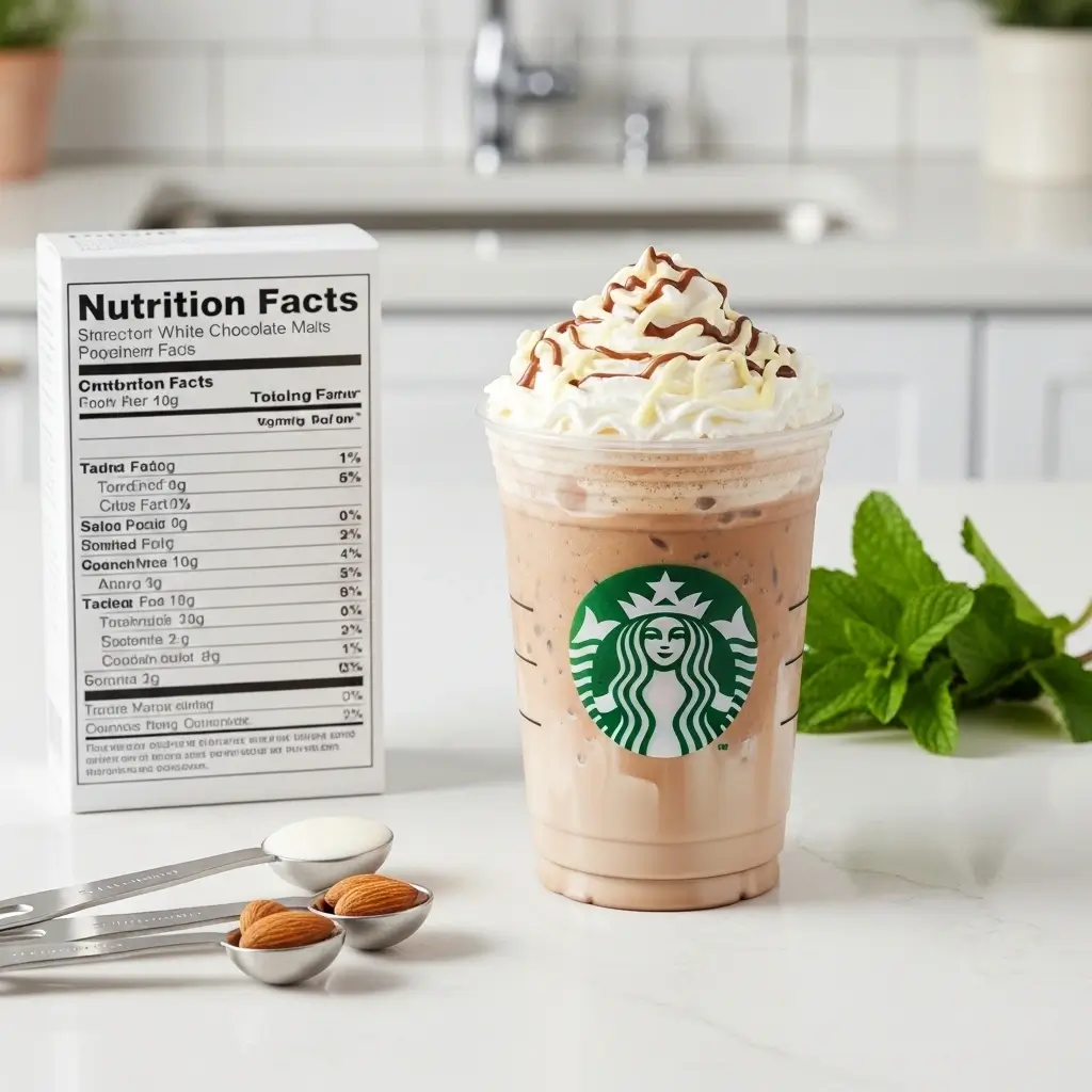 Starbucks iced white chocolate mocha with nutrition facts card and healthy ingredients on kitchen counter