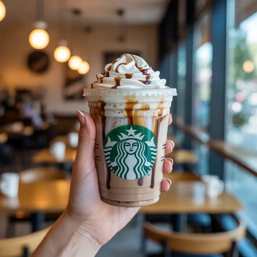 Hand holding Starbucks iced white chocolate mocha with whipped cream and drizzle in café