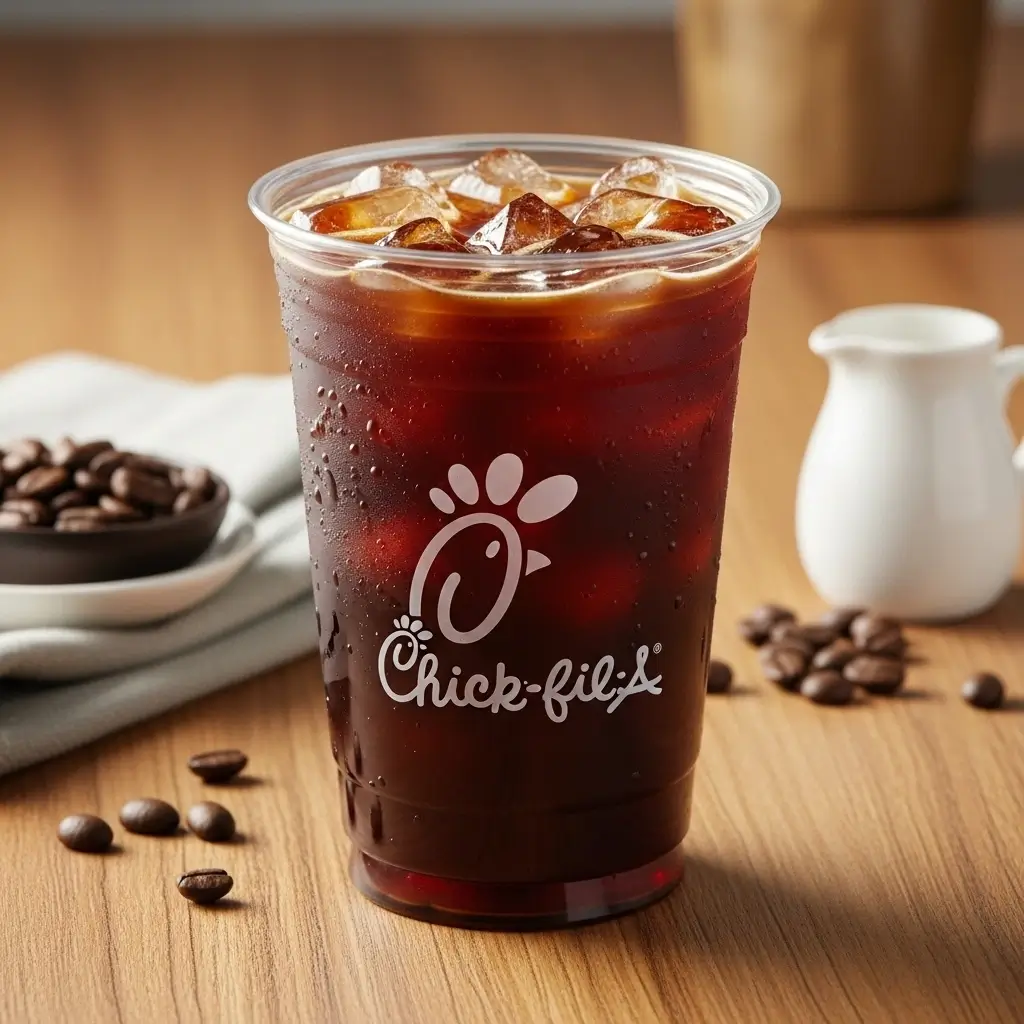 Chick-fil-A iced coffee with ice cubes and milk jug on wooden table