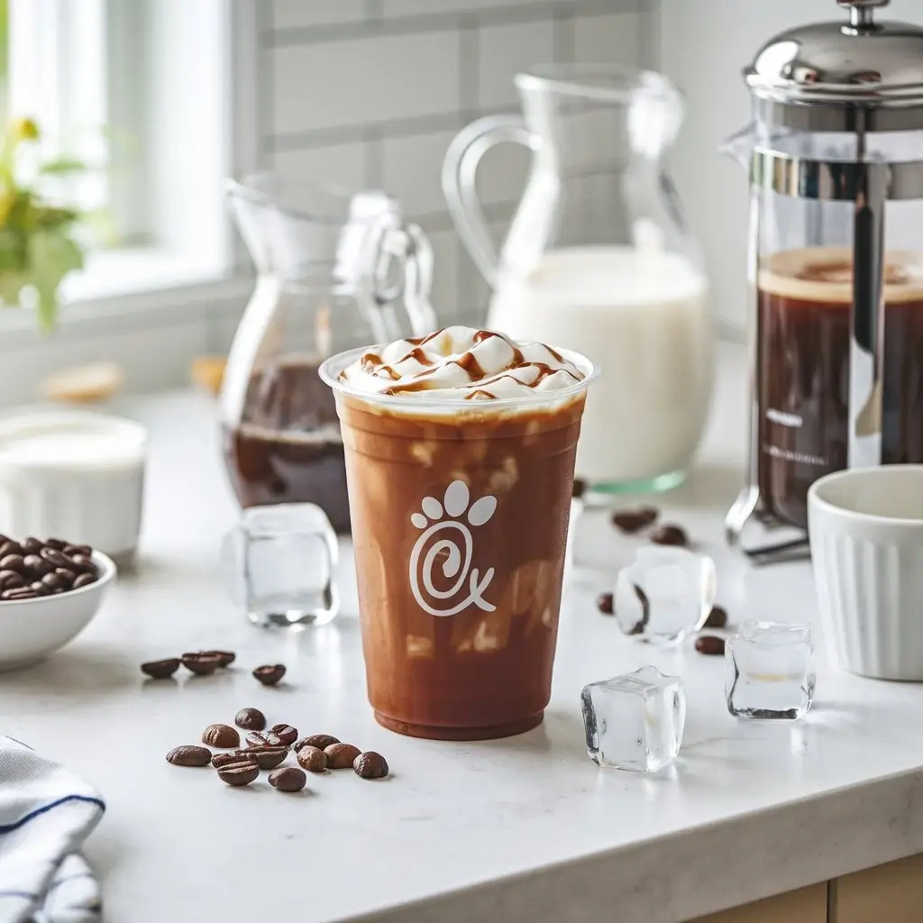 Chick-fil-A iced coffee with foam on kitchen counter with coffee ingredients