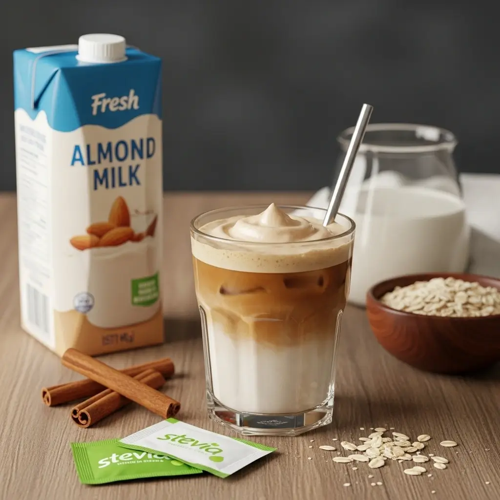 Iced coffee with almond milk and cinnamon sticks for healthy alternatives and calorie saving