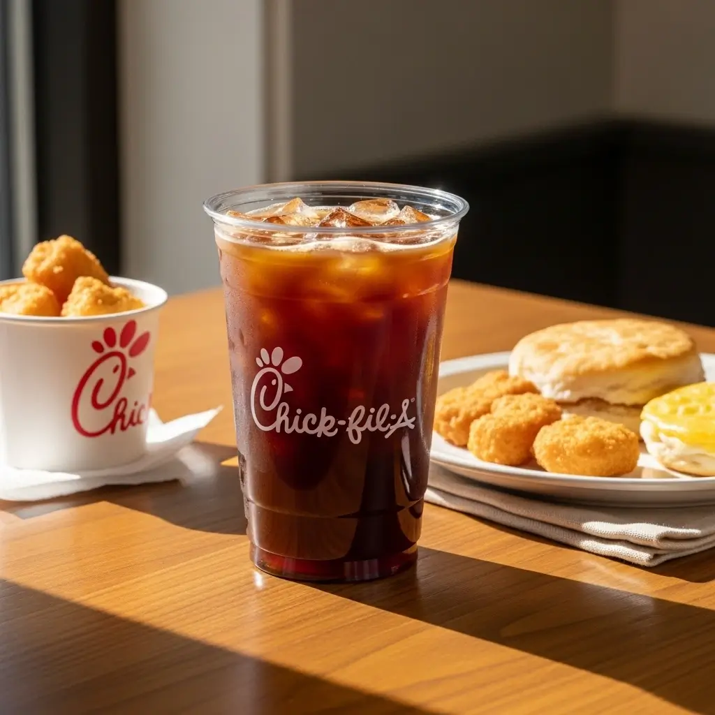 Chick-fil-A iced coffee with chicken nuggets and breakfast biscuit on wooden table