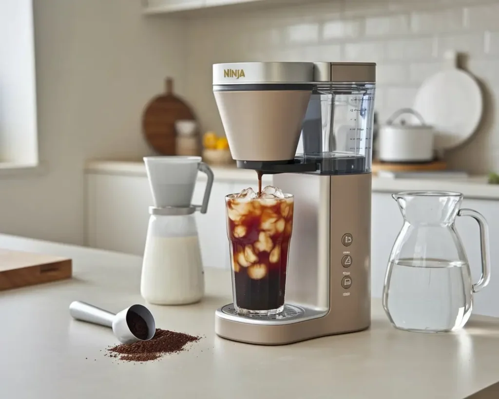 Ninja iced coffee maker brewing cold brew into glass with ice on kitchen counter