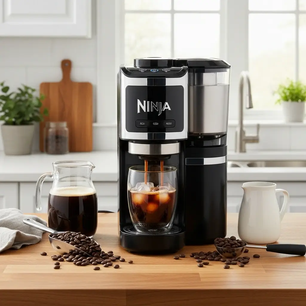 Ninja iced coffee maker brewing cold brew into glass with ice on wooden kitchen counter