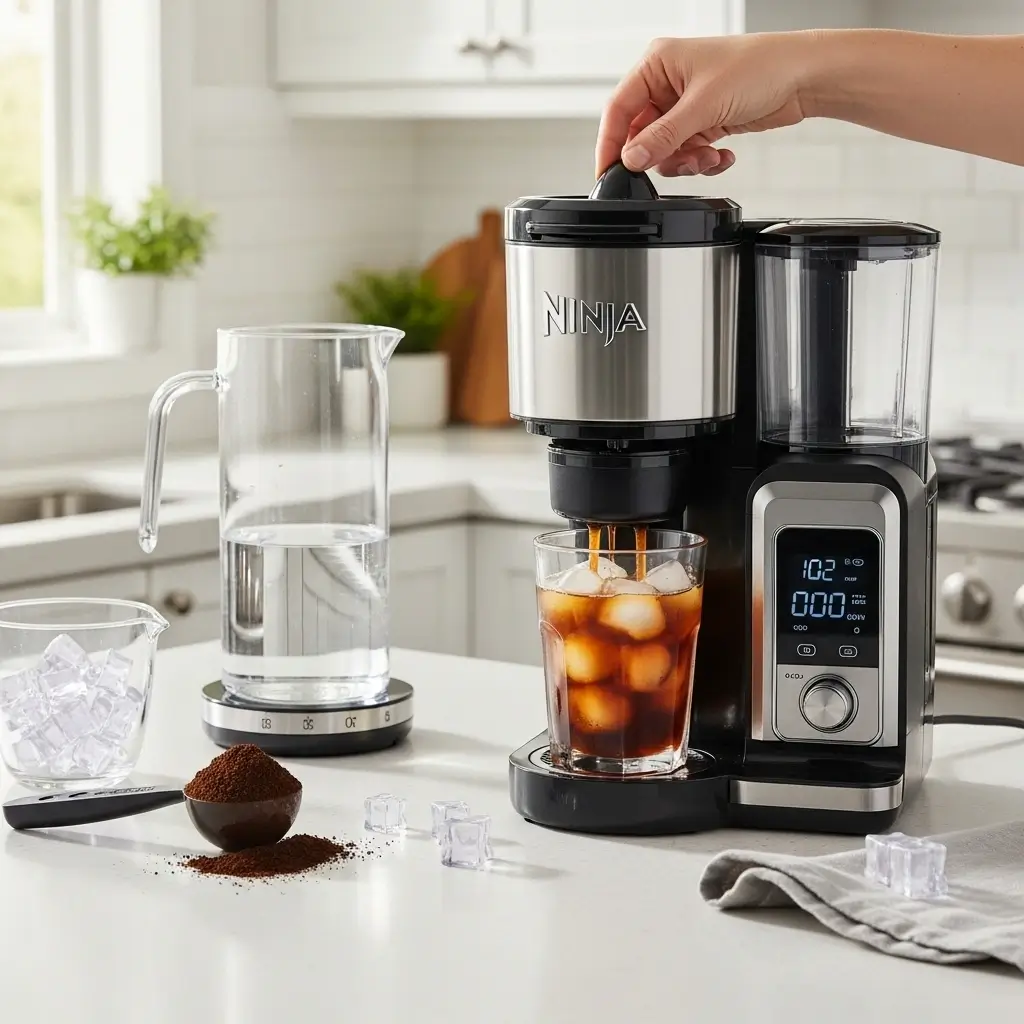 Ninja iced coffee maker brewing cold brew with ingredients on a kitchen counter