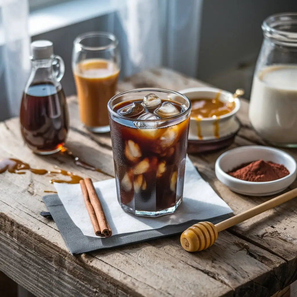 Cold brew coffee with flavor add-ins like vanilla, cinnamon, and caramel on wooden table