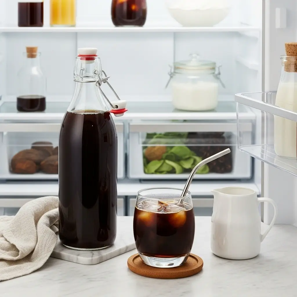 Homemade cold brew stored in a glass bottle and served over ice with milk on marble counter