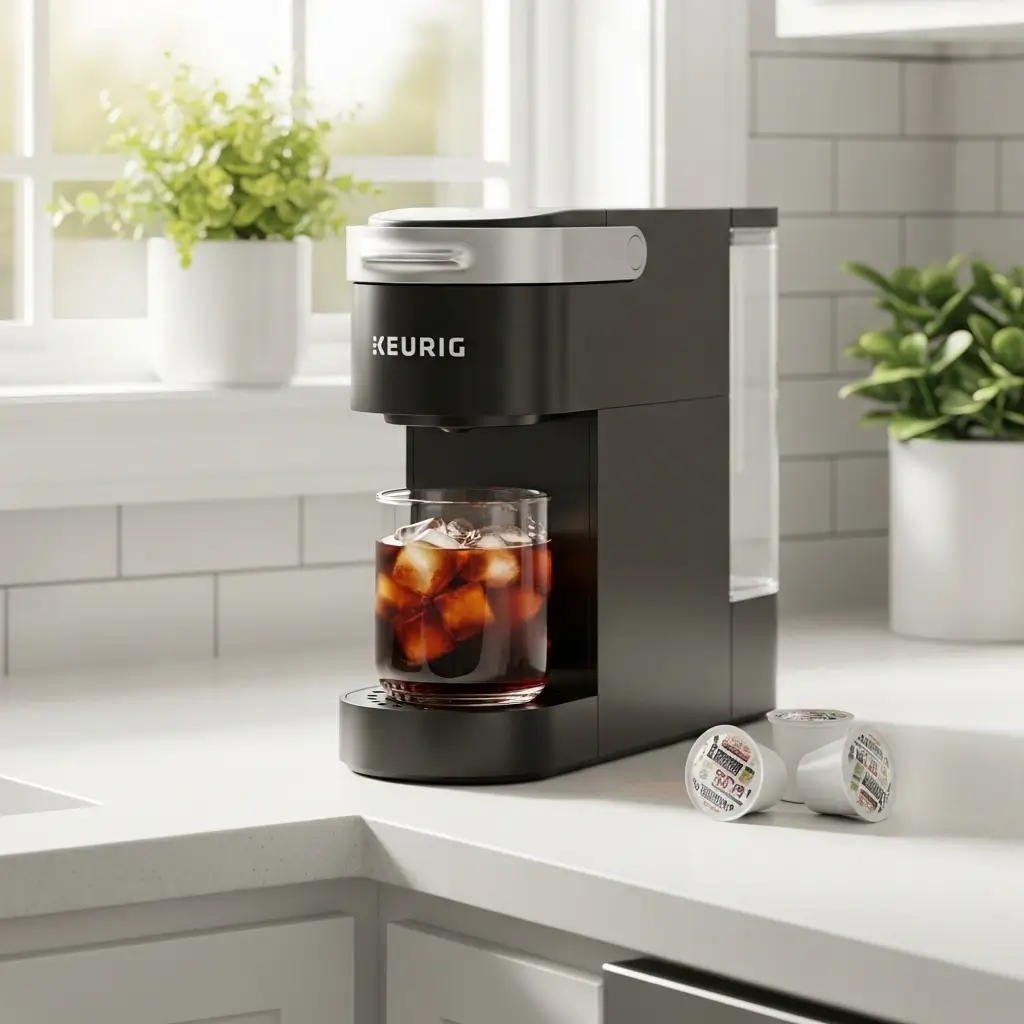 Keurig machine with iced coffee and pods on a bright kitchen counter