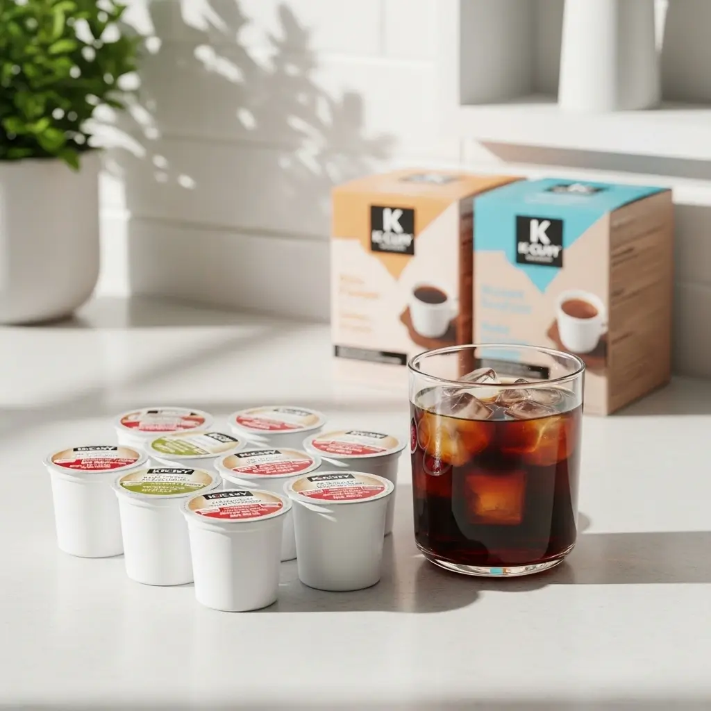 K-Cup pods and a glass of iced coffee on a kitchen counter in daylight