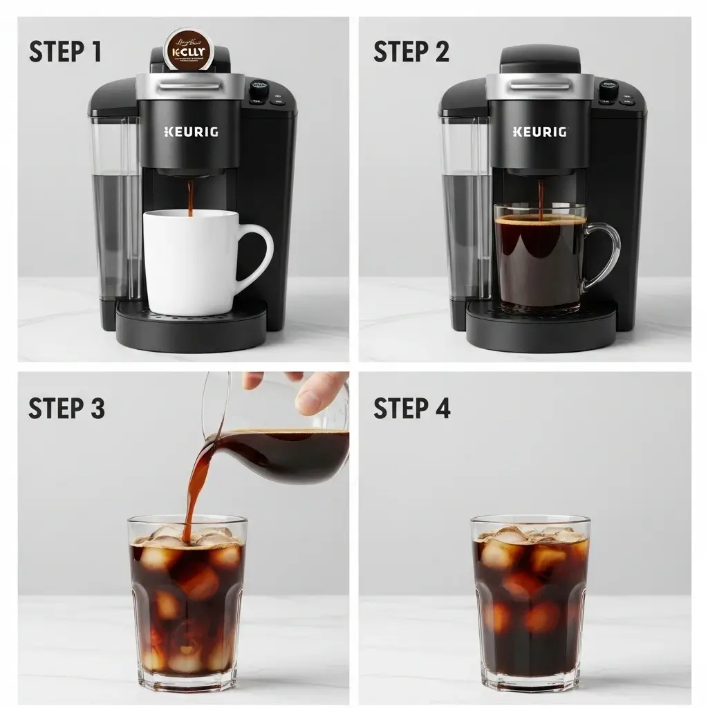 Step-by-step brewing of iced coffee with Keurig, milk, and ice on wooden counter