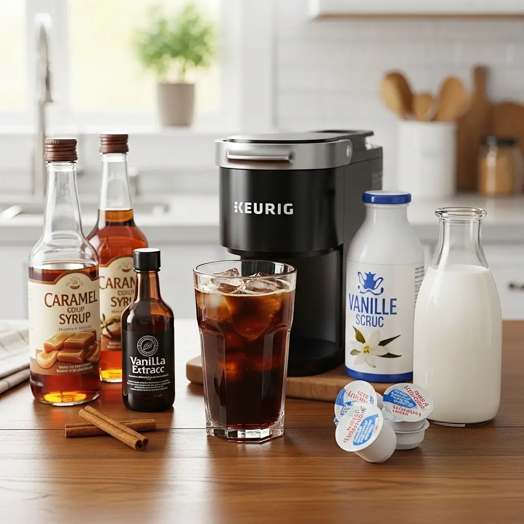 Iced Keurig coffee with flavor boosters like syrups and creamers on a table
