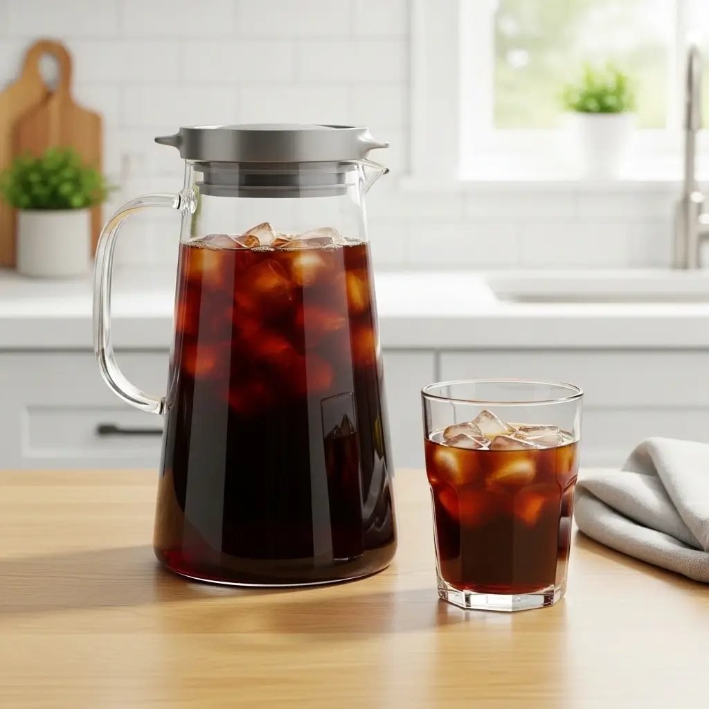 Stored pitcher and fresh glass of Keurig iced coffee in a modern kitchen