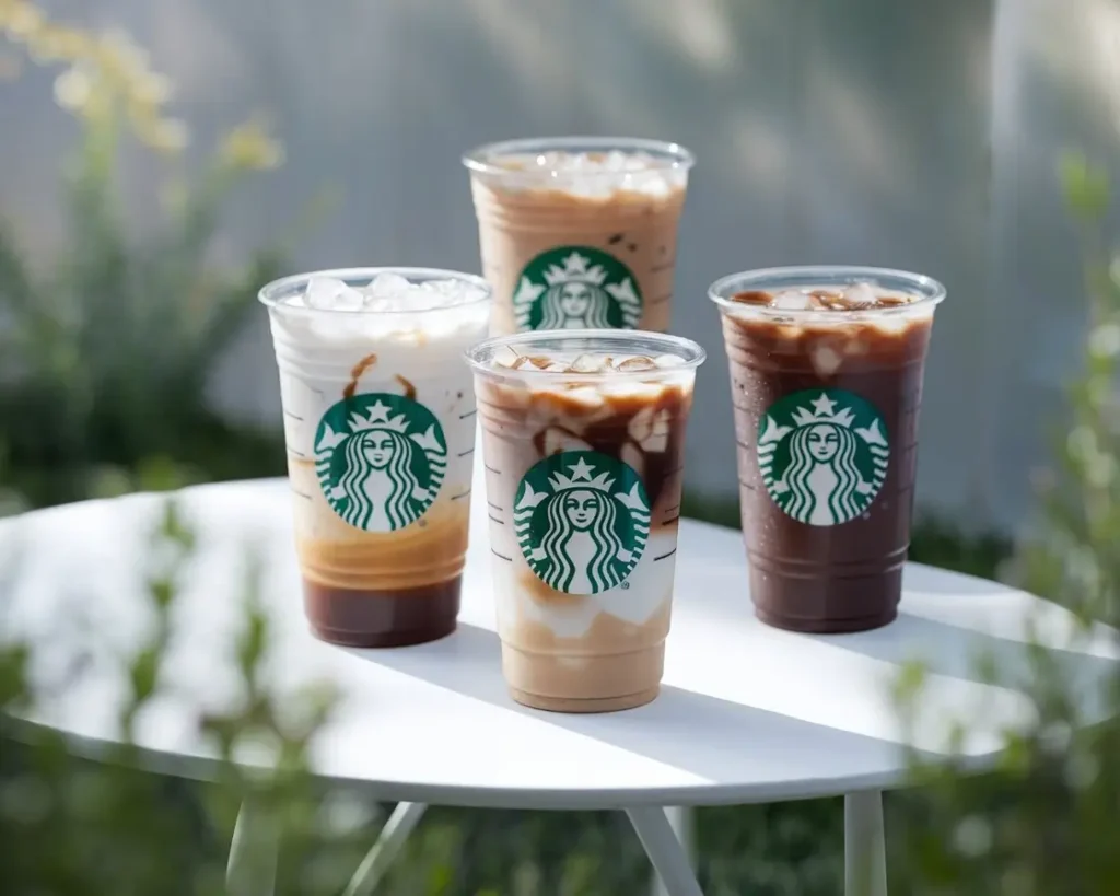 Foor healthy Starbucks iced coffee drinks on a table in natural light