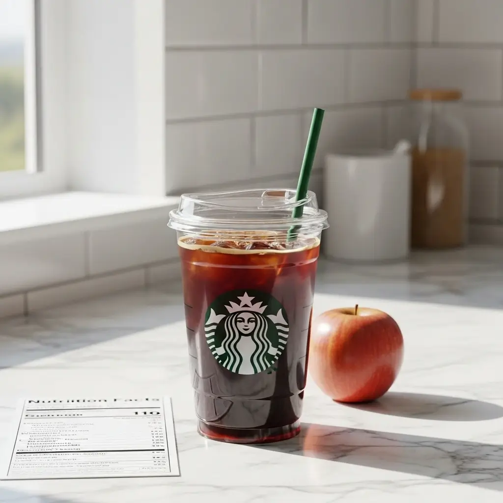 Starbucks iced black coffee with nutrition-focused elements on a counter