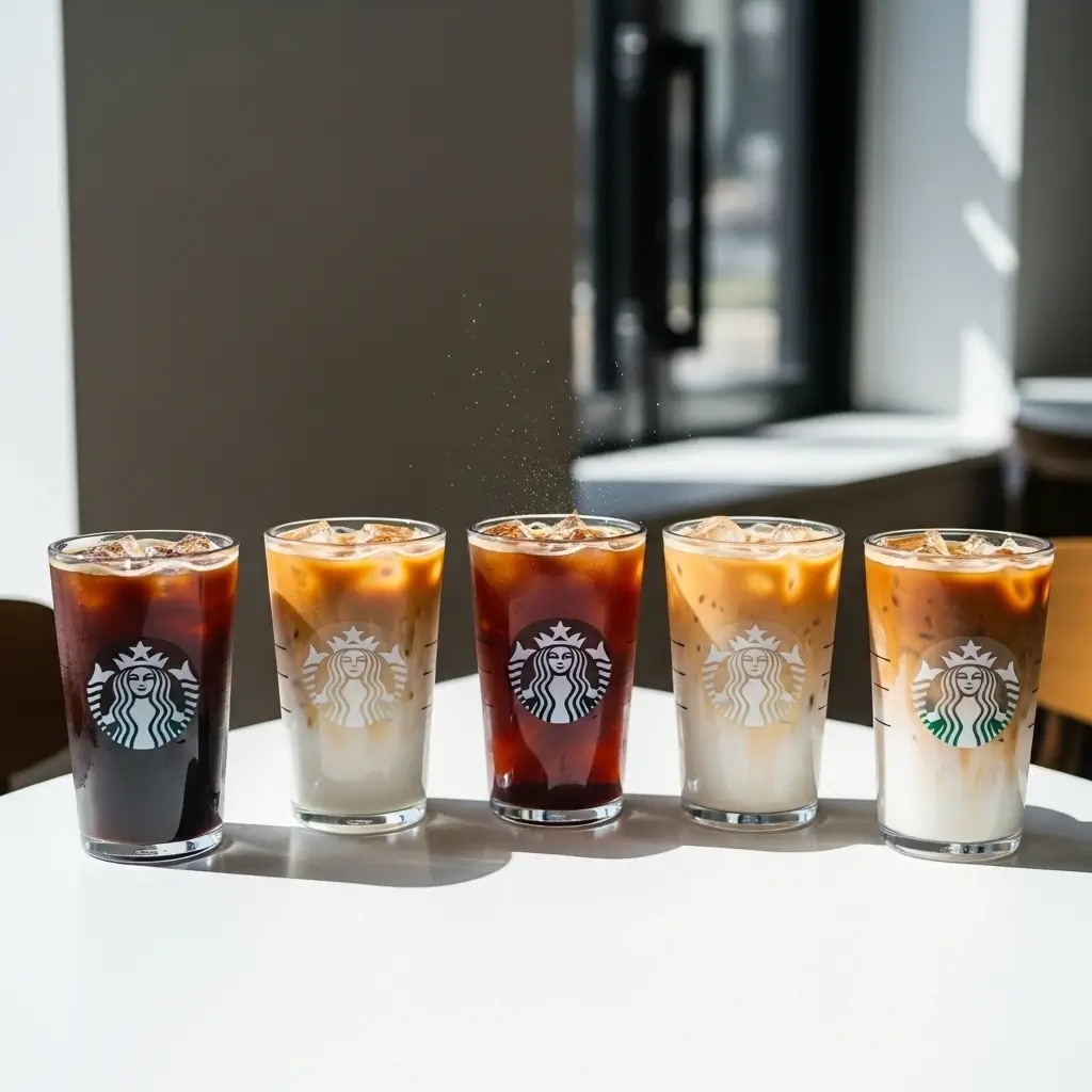 Five different Starbucks iced coffee drinks lined up on a table in natural light