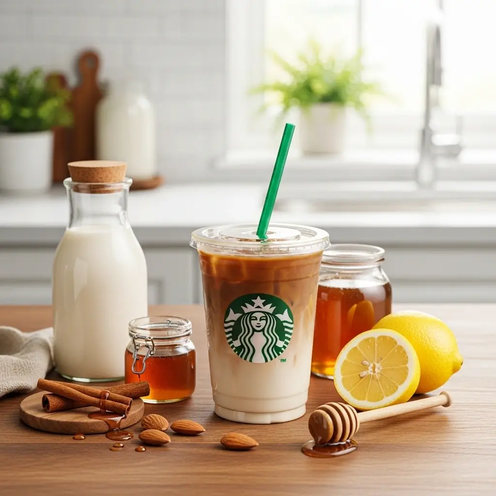 Starbucks iced coffee with natural ingredients like almond milk and cinnamon for healthy customization
