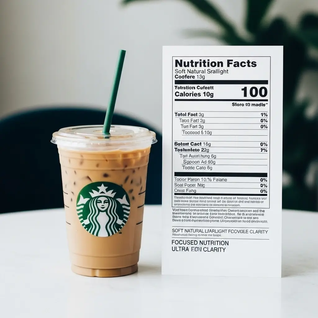 Starbucks iced coffee with nutrition facts sheet on a clean table