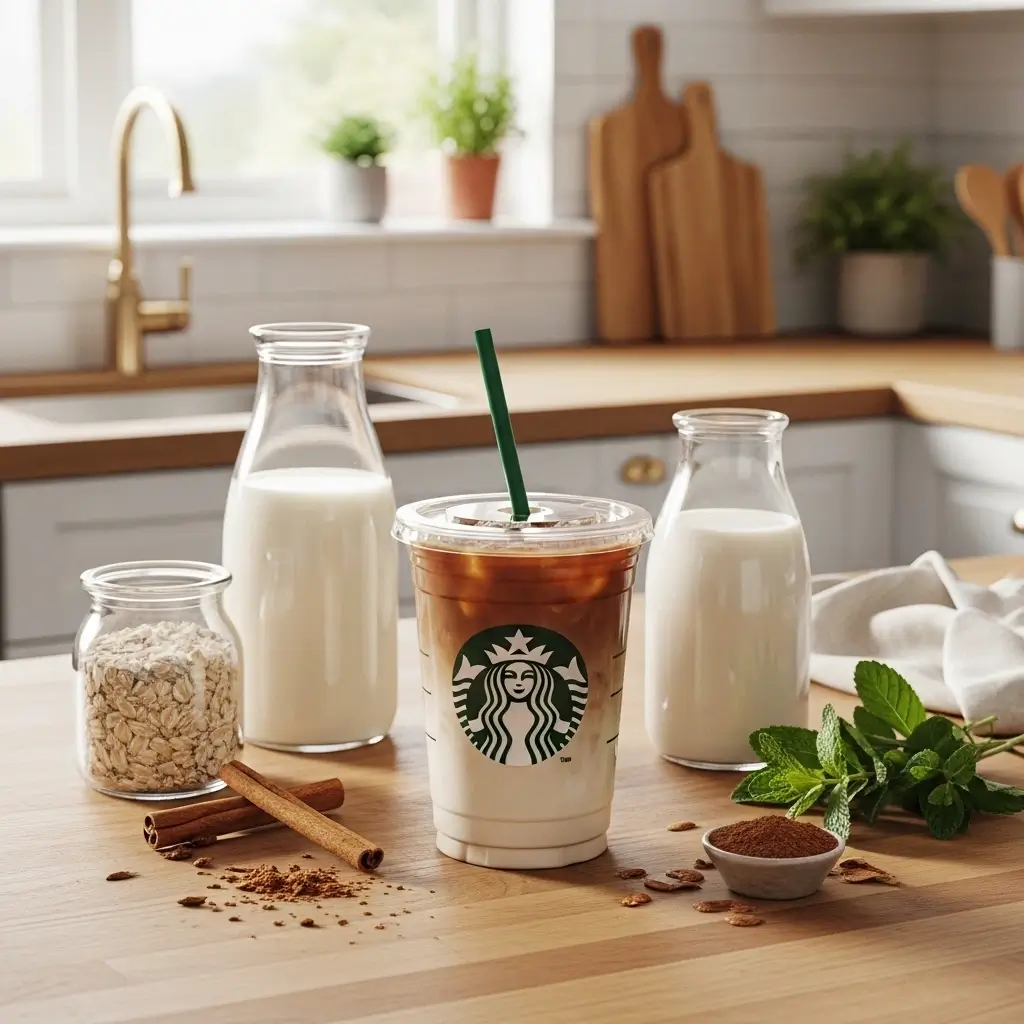 Starbucks iced coffee with healthy add-ins like oat milk and cinnamon on a kitchen counter
