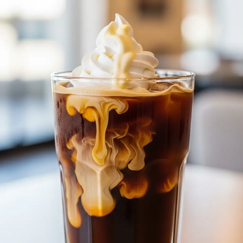 Close-up of vanilla sweet cream cold brew with swirling cream over ice
