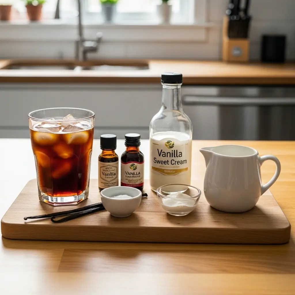 Home setup for making vanilla sweet cream cold brew with ingredients and cold brew glass