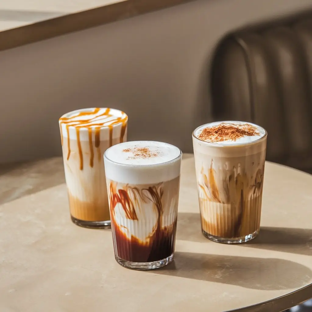 Three custom vanilla sweet cream cold brews with toppings like caramel, oat milk, and cinnamon