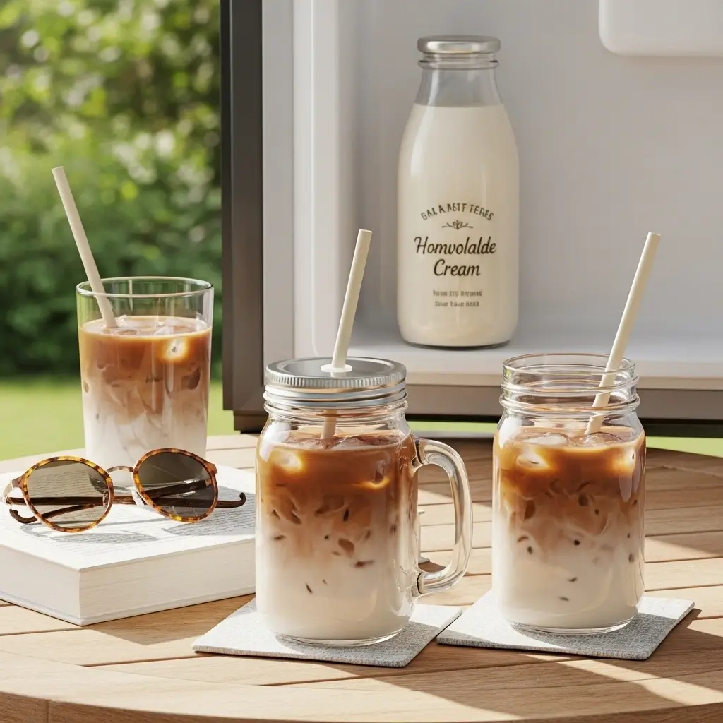 Vanilla sweet cream cold brew stored in the fridge and served on a sunny patio