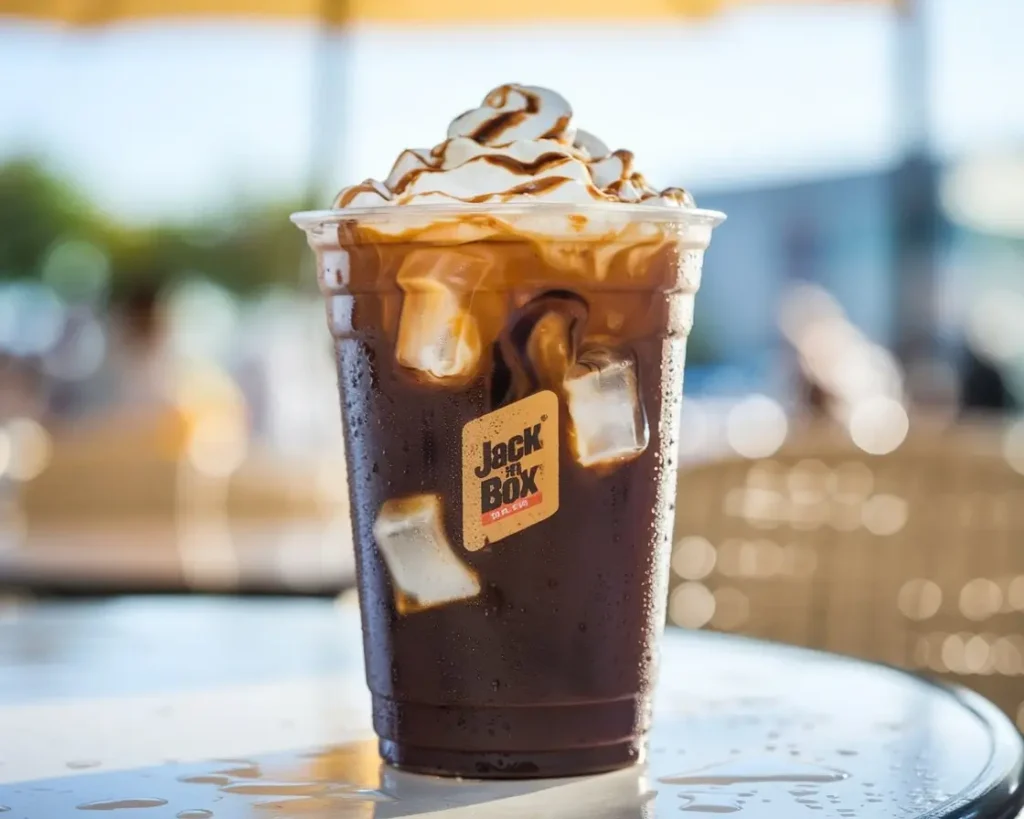 Jack in the Box iced coffee in a clear cup with ice and creamy swirl, served outdoors on a sunny day.