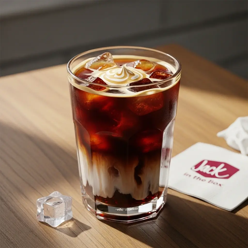 Close-up of Jack in the Box iced coffee showing bold dark coffee with creamy swirl and ice cubes on a wooden table.