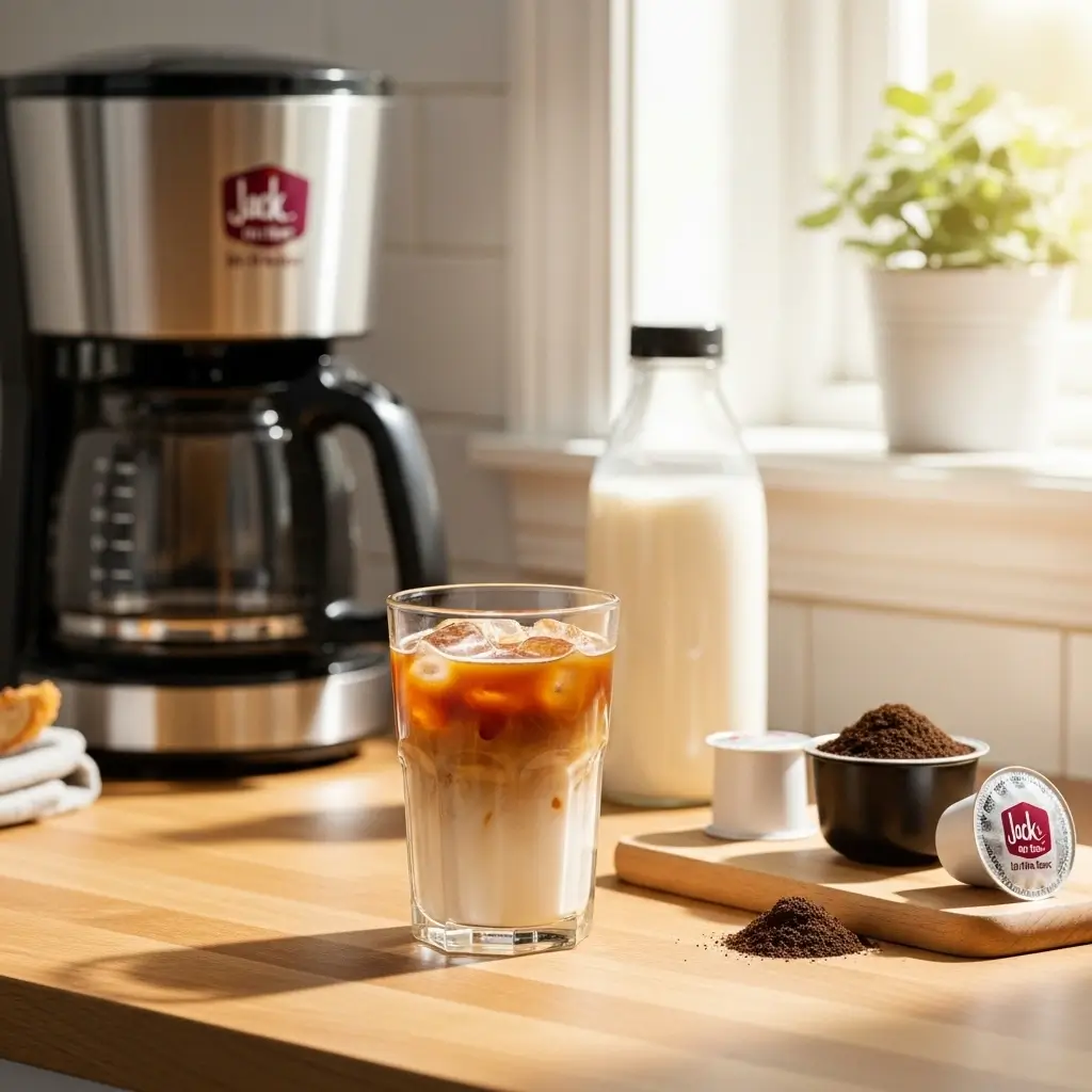 Home kitchen setup with glass of Jack in the Box style iced coffee, ice cubes, creamer, and coffee maker on wooden countertop.
