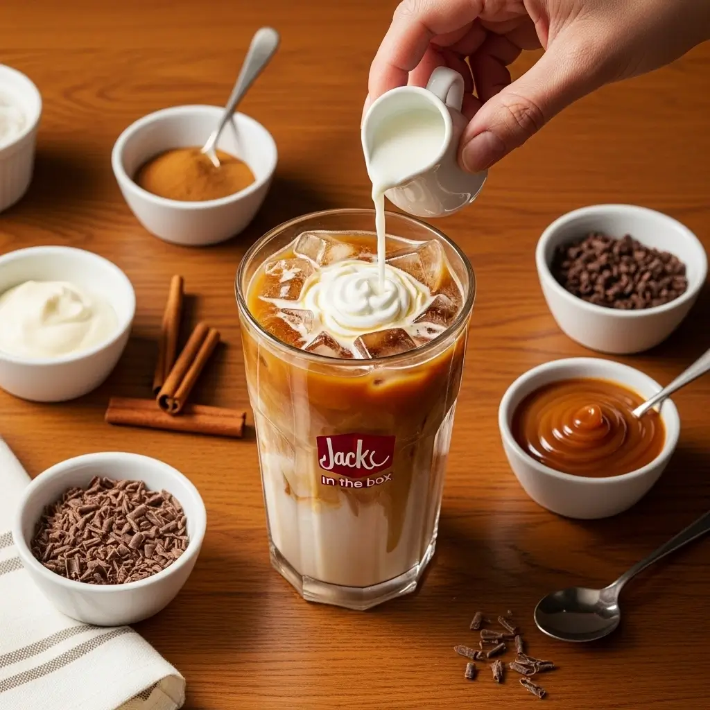 Jack in the Box iced coffee with ice and cream surrounded by flavor add-ins like cinnamon, vanilla syrup, and caramel on a wooden table.