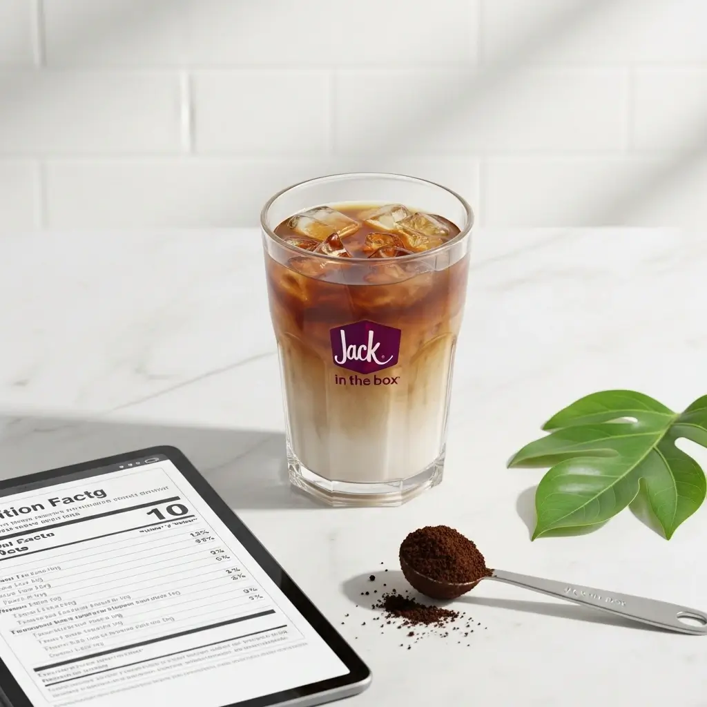 Jack in the Box iced coffee next to nutritional information and coffee ingredients on a white marble surface.