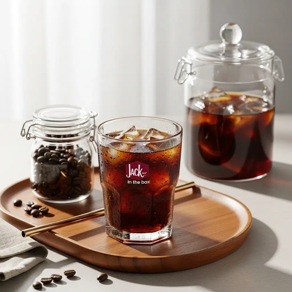 Chilled Jack in the Box iced coffee on a wooden tray with reusable straw and storage container in a bright setting.