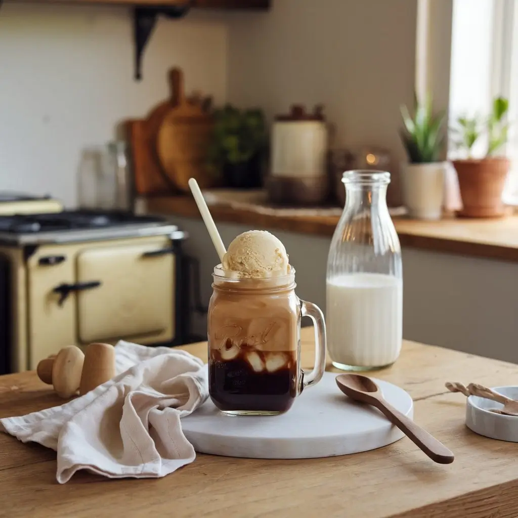Homemade farmhouse iced coffee with vanilla ice cream and rustic kitchen tools on a warm wooden counter.