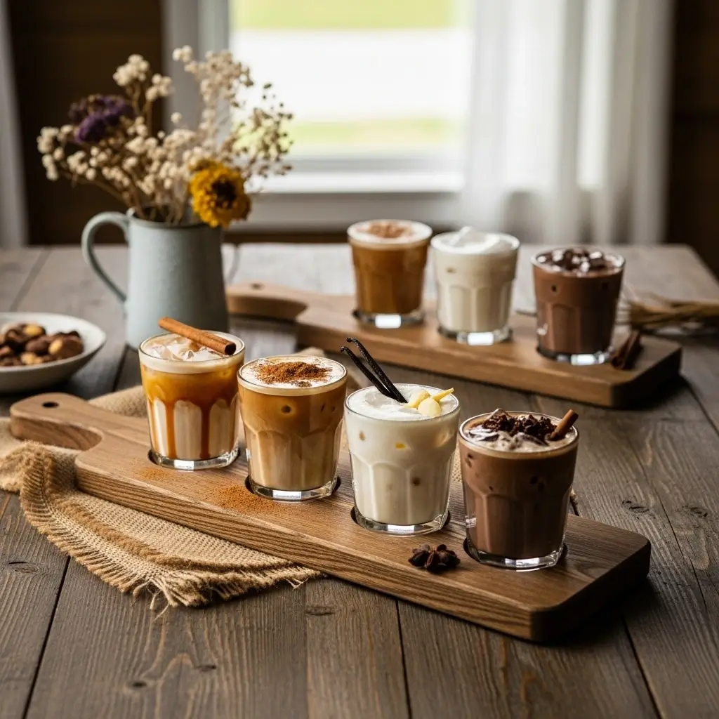 Rustic iced coffee flight with various farmhouse-inspired flavor combinations on a wooden table.