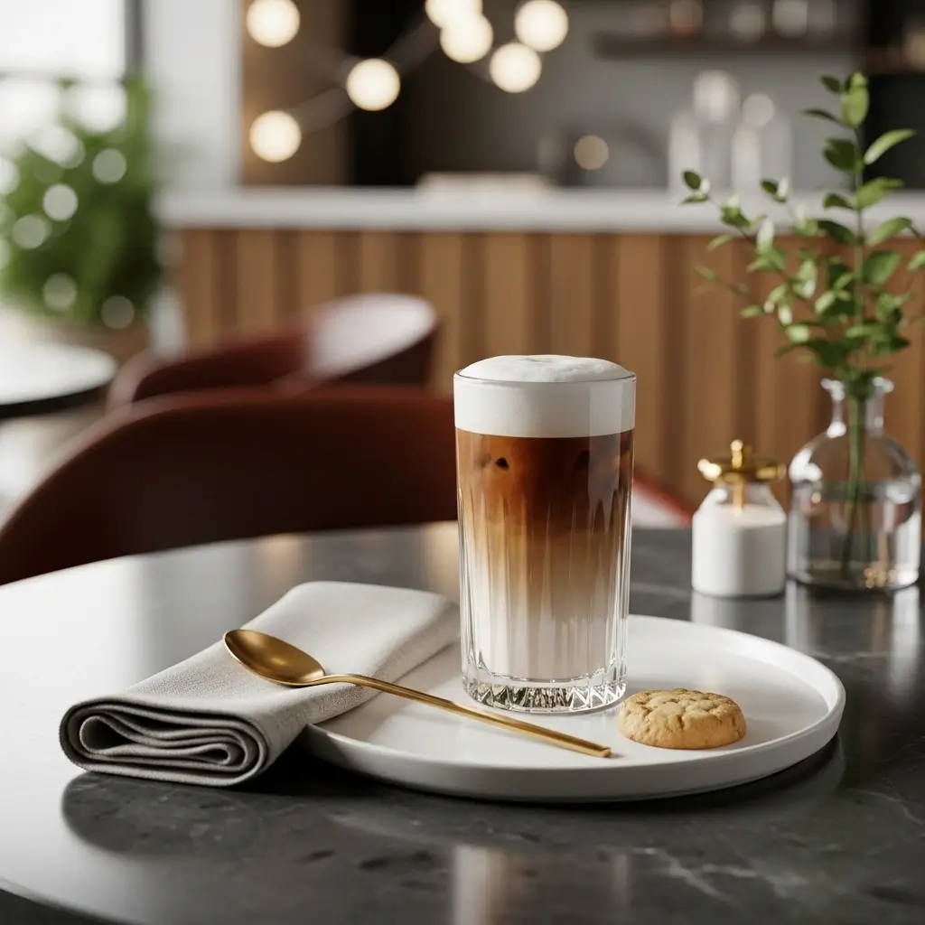 Elegant café-style iced coffee setup with foam, spoon, and cookie on a ceramic tray in a cozy café setting.