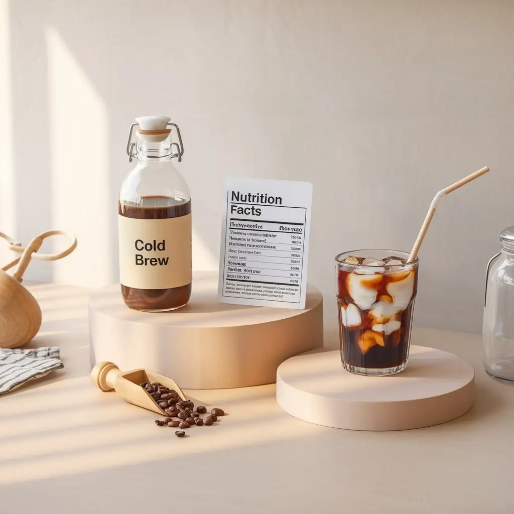 Iced coffee with nutrition card, storage bottle, and coffee beans on a clean kitchen counter.
