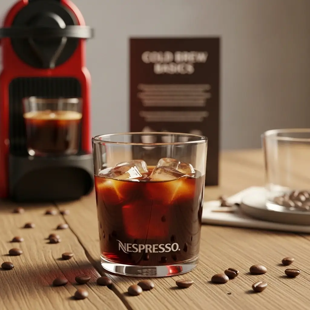 Close-up of Nespresso cold brew over ice with coffee beans and a Nespresso machine in the background.